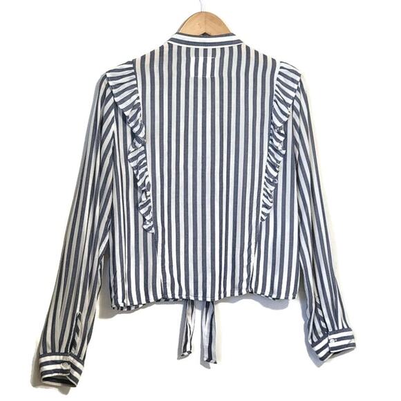 Rails Blue White Stripe Ruffle Tie Waist Long Sleeve Button Down Shirt M Chic - Picture 9 of 16